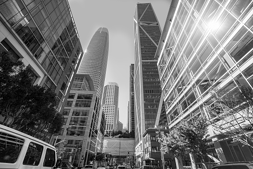 San Francisco, USA - May 19, 2022:  perspective of skyscraper in financial district downtown San Francisco, USA.