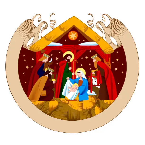 Vector illustration of Christmas reeting card with a scene of the Nativity of Christ and Adoration of the Magi and retro ribbon banner isolated on white