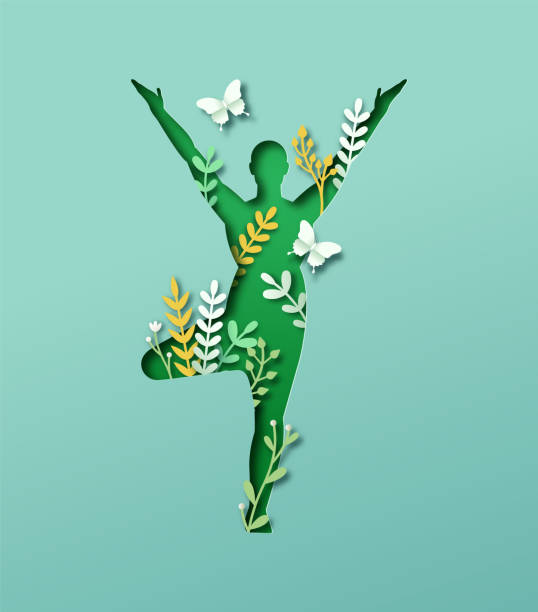 papercut yoga baum pose natur blatt ausschnitt konzept - fitnessstudio geräte stock-grafiken, -clipart, -cartoons und -symbole