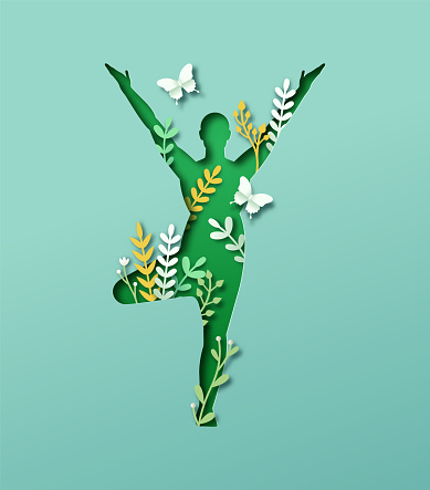 Papercut man body silhouette doing tree yoga pose with 3d paper cut plant leaf and butterfly. Nature connection concept for healthy lifestyle or peaceful relaxation state.