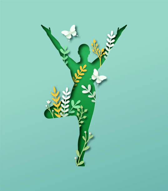 Papercut yoga tree pose nature leaf cutout concept Papercut man body silhouette doing tree yoga pose with 3d paper cut plant leaf and butterfly. Nature connection concept for healthy lifestyle or peaceful relaxation state. paper silhouettes stock illustrations