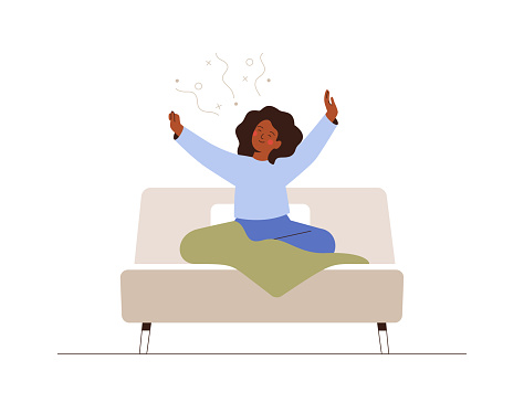 Woman awake from sleep in the morning. African American Girl get out of the cozy bed and stretching with good mood.Healthy lifestyle concept.  Vector illustration
