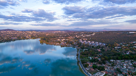 Lagoa Santa, Belo Horizonte, Brazil. Beautiful lagoon in a tourist town in Minas Gerais. Aerial photo with clouds reflecting in the calm lagoon.