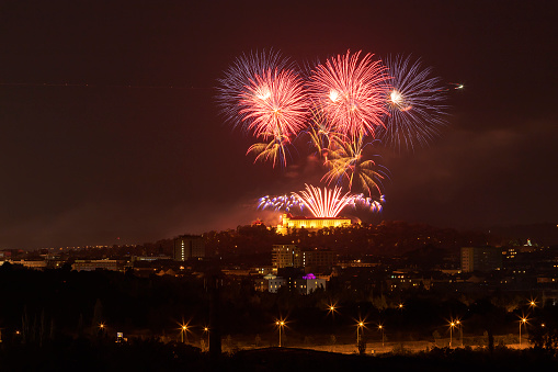 Beautiful colorful fireworks over the city of Brno in the Czech Republic.
