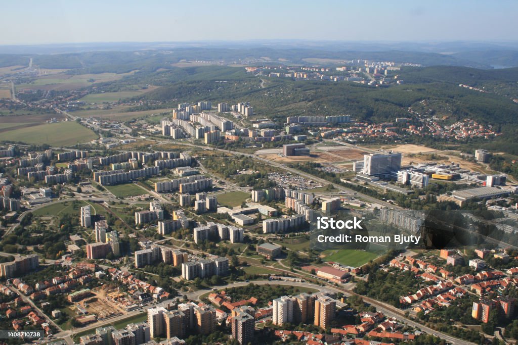 Aerial view of the district of Novy Liskovec, Stary liskovec, Kohoutovice, Bohunice in the city of Brno in the Czech Republic in Europe. The photo shows a panel housing estate. Aerial View Stock Photo