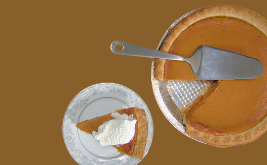 A Slice of Pumpkin Pie for the Holidays on White and Monochromatic Background