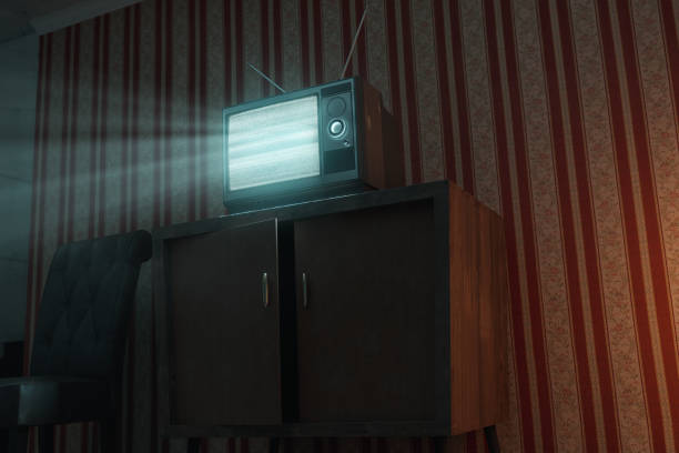 istock 3d rendering of a haunted room with an old television with bright static screen 1408716718