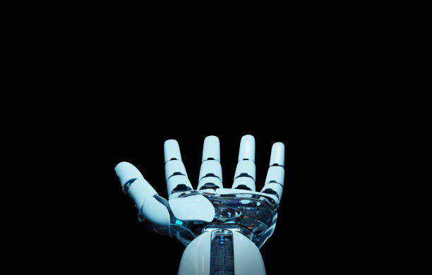 White cyborg opening his hand 3D rendering White cyborg opening his hand isolated on dark background 3D rendering robot arm stock pictures, royalty-free photos & images