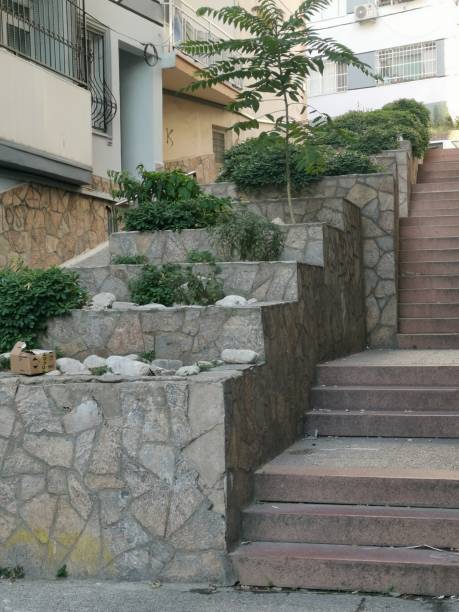 istock Stairs between two apartment buildings decorated with greenery 1408718380