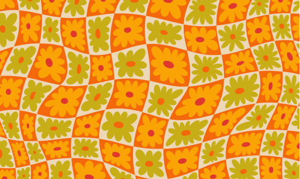 istock Hippie funky vibe style. Vintage 1960-1970. Hippy flower  retro  dice chess background. Symbol retro print. 1408722829