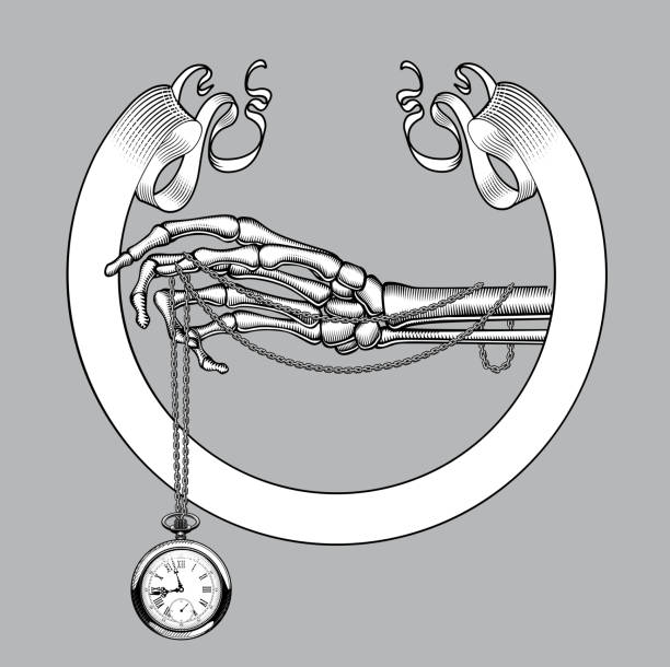 скелетная рука с ретро карманными часами и ленточным баннером - doomsday clock stock illustrations