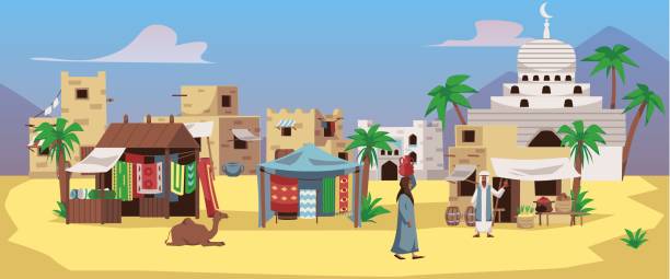 ilustraciones, imágenes clip art, dibujos animados e iconos de stock de paisaje urbano árabe con puestos y tiendas de campaña en el mercado, ilustración vectorial plana. - morocco desert camel africa