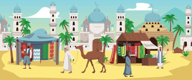 ilustraciones, imágenes clip art, dibujos animados e iconos de stock de paisaje urbano árabe con mercado en la calle, comerciantes que venden alfombras y camellos, ilustración vectorial plana. - town of egypt