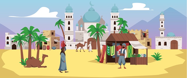 Arabian landscape with buildings, people, market and camels flat style