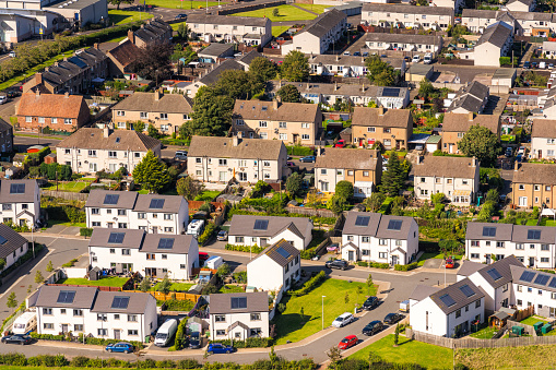 Detached and semi-detached houses of different ages at developments in the town of North Berwick in East Lothian, Scotland.