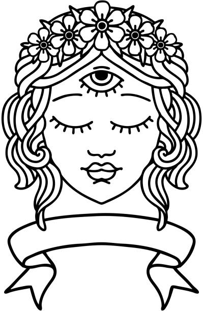 czarny tatuaż liniowy z banerem kobiecej twarzy - third eye illustrations stock illustrations