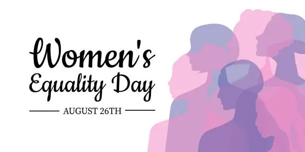 Vector illustration of Equality Women's Day. Women of different ages, nationalities and religions come together. Horizontal white poster with transparent silhouettes of women. Vector.