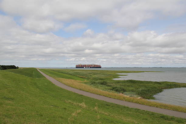 Hulst, Holland - jul 9, 2022: a beautiful dutch coast landscape with a big cargo ship in scheldt river and a green salt marsh and road in front