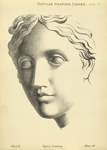 Vintage illustration of Sketching human face, Classical statue, Roman Greek youth, Victorian art figure drawing copies 19th Century