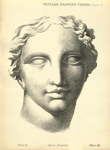 Vintage illustration of Sketching human face, Classical statue, Roman Greek Goddess, Victorian art figure drawing copies 19th Century