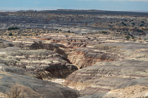 Desert canyon winds through multi colored layers of desert, Bisti/De-Na-Zin Wilderness
