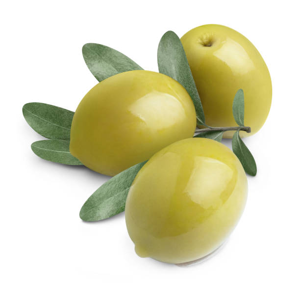 istock Delicious green olives with leaves on white 1408744386