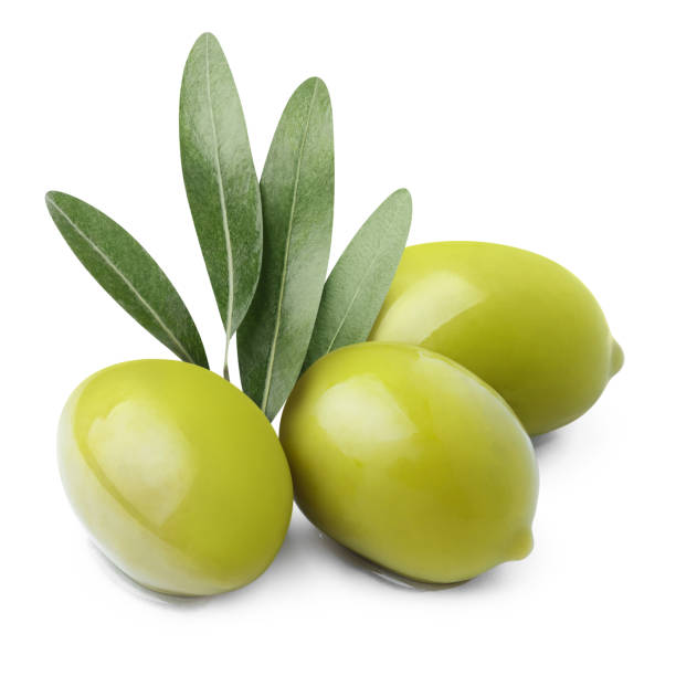 istock Delicious green olives with leaves on white 1408744410