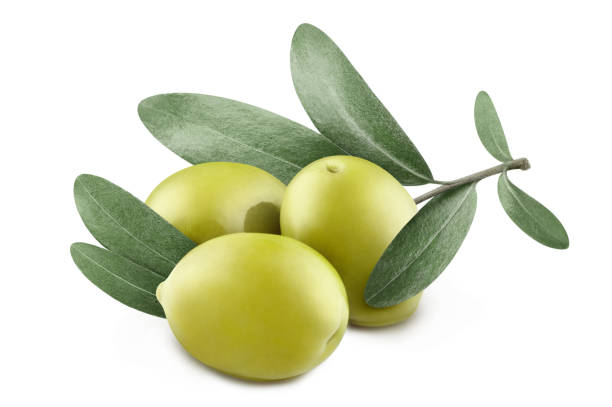 istock Delicious green olives with leaves on white 1408744416