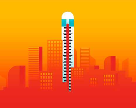 Hot day in the city with a thermometer placed like a building. Summer, heatwave in the city and high temperatures concept. Abstract city skylines. Vector illustration