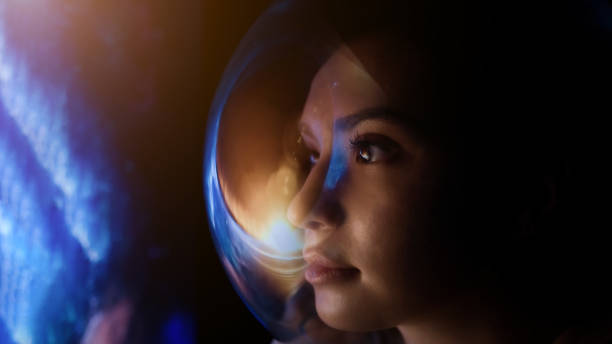 istock Female astronaut in space on planet orbit 1408745725