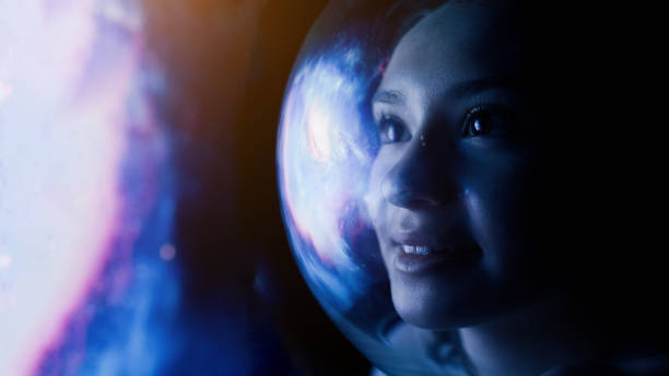 istock Female astronaut in space on planet orbit 1408745726
