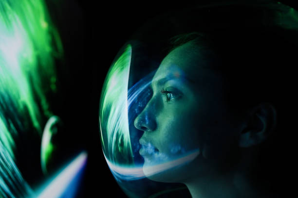 istock Female astronaut in space on planet orbit 1408745744