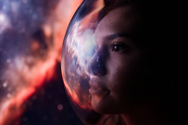 istock Female astronaut in space on planet orbit 1408745764