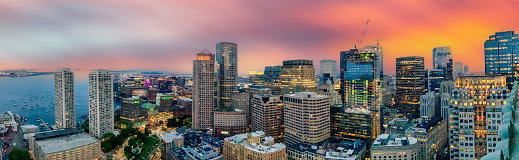 Panoramic High view of the city of Boston Cityscape Skyline Looking South Towards the South End and South Boston