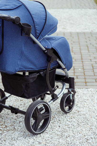 istock Modern blue baby stroller with hood outdoors rear view 1408748964
