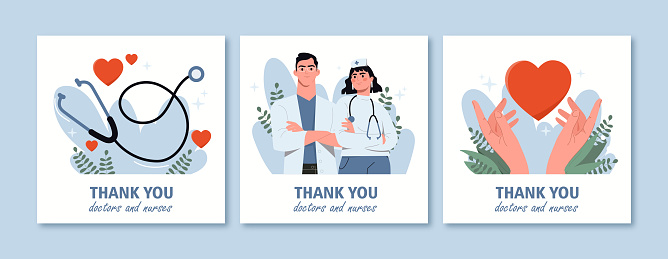 Thank you doctors and nurses. Banner collection with young professionals and medical equipment. Health care, diagnosis and treatment of patients, clinic staff. Cartoon flat vector illustration