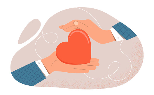 Concept of charity. Hands holding heart, responsible society. Characters send money to help those who need it. Motivational poster or banner, activists and volunteers. Cartoon flat vector illustration