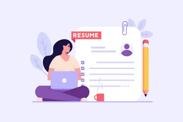 Vector illustration of Concept of writing best resume, job search, employees hiring, search for job candidates. Employee writing cv file. New team member in career start. Vector illustration in flat design