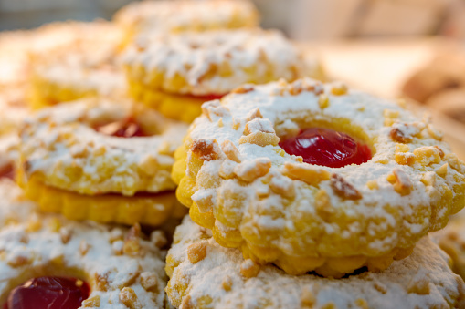 Portuguese cookies with cherry in a bar window