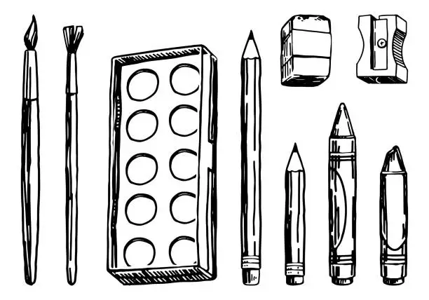 Vector illustration of Beginner artist supplies collection. Set of paints, pencils, paint brushes. Hand drawn vector illustrations. Back to school cliparts isolated on white.