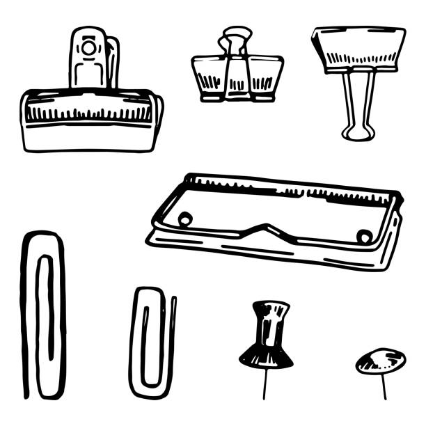 Set of paper clips, binder clips, pins, push pins, tacks. Stationery office supplies sketches collection. Hand drawn vector illustrations. Holders for documents isolated on white. Set of paper clips, binder clips, pins, push pins, tacks. Stationery office supplies sketches collection. Hand drawn vector illustrations. Holders for documents isolated on white. binder clip stock illustrations