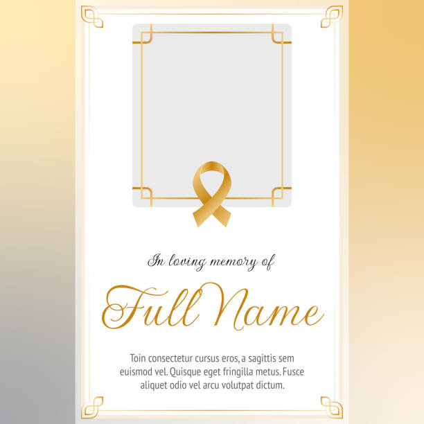 funeral card template with golden ribbon and photo frame - anıt stock illustrations