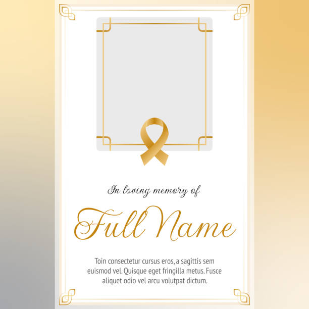 funeral card template with golden ribbon and photo frame card template funeral with golden ribbon and photo frame. Vector illustration for condolence card in golden colors funeral photos stock illustrations