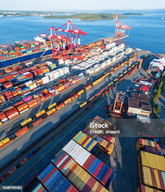 Container Ship At Port Stock Photo - Download Image Now - Commercial Dock, Harbor, Freight Transportation