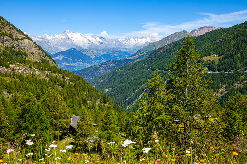 Scenic summer mountain landscape of Swiss Alps with rocky peaks and green hillsides. View from Simplon Pass