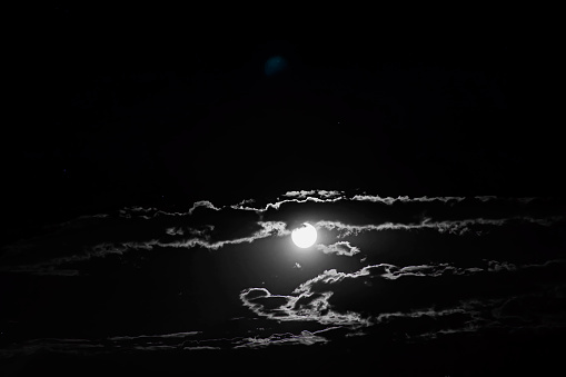 Moonlight in black night. Lunar glow. Night sky. Natural landscape. Heavenly horizon. Lunar glow