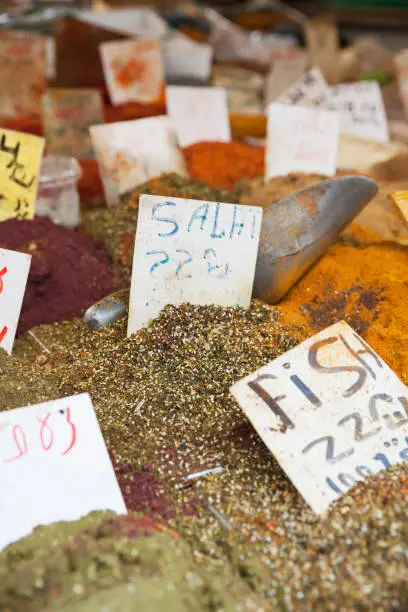 Vibrant spices - salat, za'atar, and fish spices - at a stall in Carmel Market, Tel Aviv