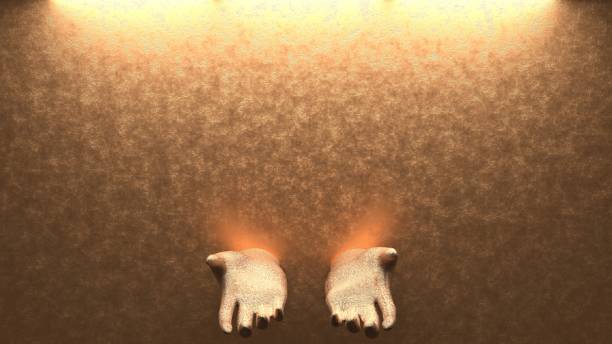 golden wall with empty human hands sticking out. luxury product presentation concept. 3d render illustration