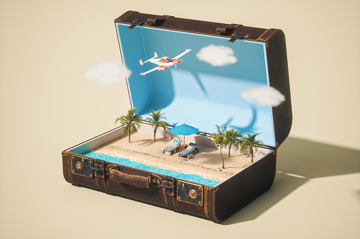 Conceptual 3D image of open vintage suitcase with tropical beach.