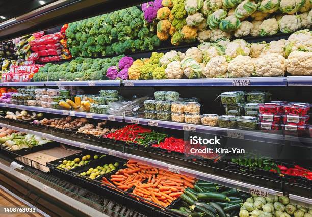 Fruits And Vegetables On Shop Stand In Supermarket Grocery Store Stock Photo - Download Image Now